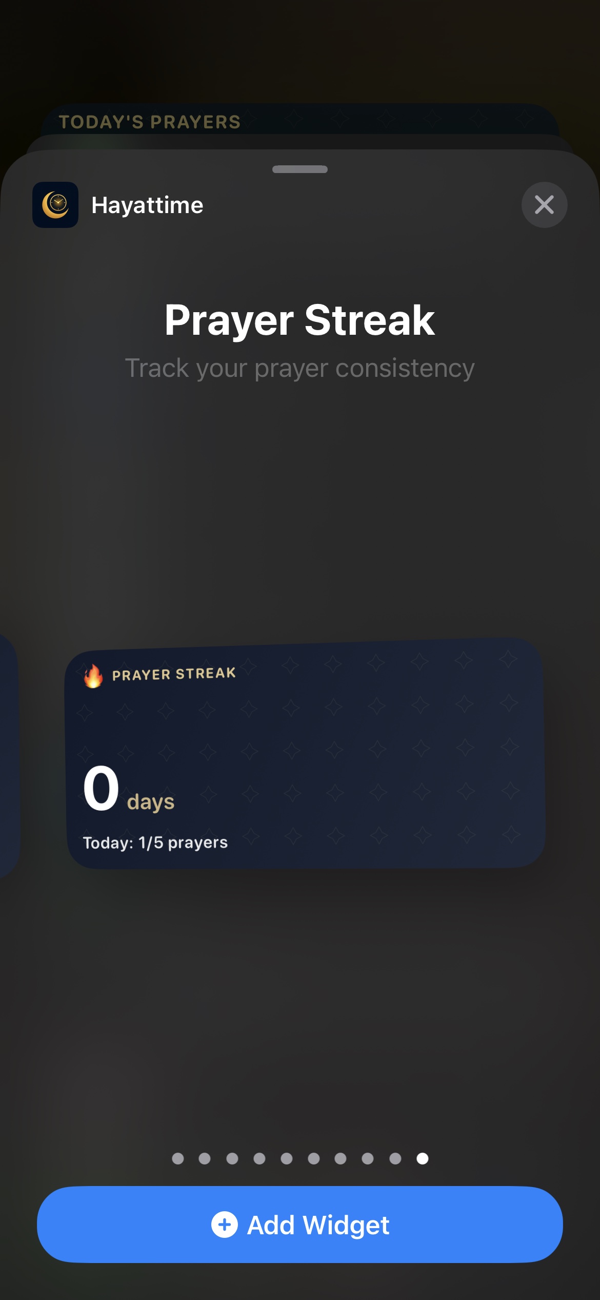 HayatTime Prayer Streak widget in the iOS widget gallery